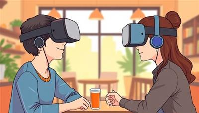 An illustration of a user wearing a VR headset, immersed in a virtual cafe setting, engaging in a conversation with a virtual character speaking the target language, showcasing the interactive and engaging nature of LingoVR.