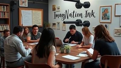 An interactive storytelling workshop environment on ImagiNation Ink featuring participants engrossed in writing activities, sharing ideas, and receiving feedback from professional writers, fostering a creative and collaborative space for storytelling enthusiasts.