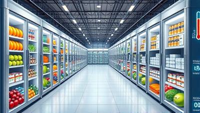 A detailed illustration of a temperature-controlled warehouse with rows of refrigerated storage units holding fresh fruits, vegetables, and pharmaceuticals, with digital temperature monitors displaying optimal conditions, highlighting the precision and care taken in storing perishable items at FreshChill Warehouse.