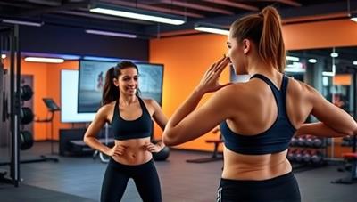 An engaging virtual fitness session with a coach guiding a user through a workout via a video call, set against a backdrop of a vibrant virtual gym environment, illustrating the convenience and interactivity of the online fitness experience.