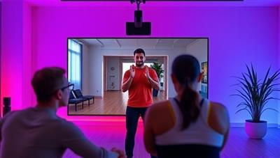 An image of a virtual fitness session with a trainer guiding participants through a workout routine via a digital interface, showcasing the convenience and interactivity of the Virtual Fitness Coaching Platform.