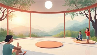 A tranquil digital illustration showcasing a serene virtual retreat setting with calming nature scenes, soothing music, and virtual wellness instructors guiding participants in mindfulness practices, creating a peaceful and rejuvenating atmosphere at Serenity Haven.
