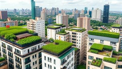 An urban skyline with lush green rooftop gardens thriving on various buildings, illustrating the potential for sustainable food production and green spaces in city environments, inspiring urban development with a touch of nature.