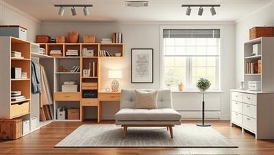 A digital room layout design showcasing a cluttered space transformed into a organized and stylish room with labeled storage solutions, inspiring a sense of clarity and calm in the home environment.