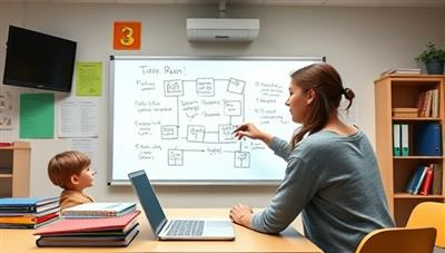 A dynamic virtual classroom setting with a tutor engaging with a student through an interactive online whiteboard, surrounded by educational materials and digital study resources, illustrating personalized learning and academic support.