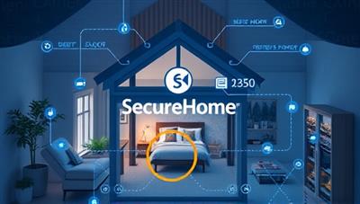 An innovative visual of a smart home environment with interconnected devices monitoring security and environmental conditions, with the SecureHome logo displayed prominently, showcasing the seamless integration of insurance and smart technology for enhanced home protection.