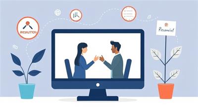 An illustration of two individuals engaging in a virtual mediation session on a screen, surrounded by symbols of resolution and agreement, symbolizing the virtual dispute resolution process and peaceful conflict resolution in a digital setting.