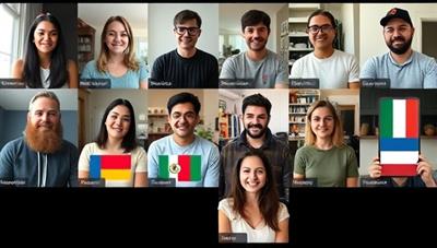 A diverse group of individuals engaging in a lively virtual language exchange session, each person with a language flag badge beside their profile, showcasing a dynamic and interactive learning environment.