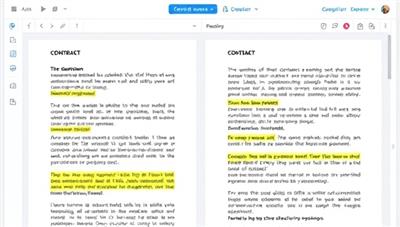 An image of a digital platform with contract documents being reviewed by legal experts, highlighted sections, comments, and suggestions, emphasizing the precision and expertise of the subscription-based contract review service.