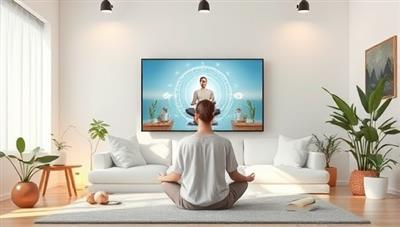 A serene virtual therapy room setting with a therapist conducting an online session with a client, surrounded by calming decor, plants, and relaxation aids. The background features a virtual mindfulness session in progress, with soothing music and guided meditation visuals, creating a tranquil and therapeutic environment.