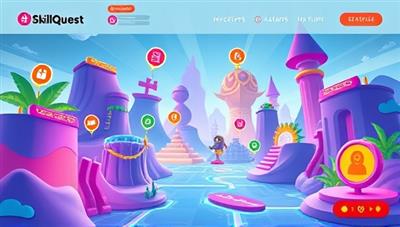 An immersive digital world within the SkillQuest platform, featuring vibrant gamified elements like avatars, badges, and skill meters, creating a visually appealing and engaging environment for skill development.