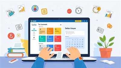 An engaging illustration of a freelancer organizing tax documents on a laptop screen with the TaxMate Freelance platform open, featuring colorful tax categories, deduction tips, and a calendar reminder, surrounded by icons of freelance tools and creative projects, showcasing simplicity and efficiency in managing freelance taxes.