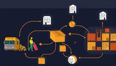 An artistic representation of interconnected warehouse spaces with arrows symbolizing the exchange of storage services between businesses, illustrating the collaborative and community-driven nature of the platform.