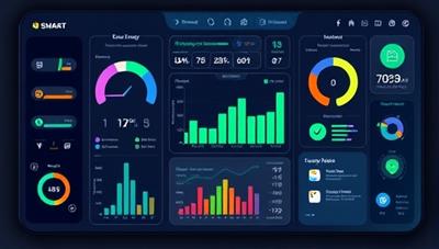 An illustration of a futuristic smart home dashboard displaying real-time energy consumption data, with interactive controls for adjusting settings and optimizing energy usage, highlighting the convenience and eco-friendly nature of the system.