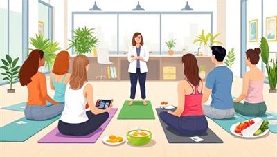 An illustration of a diverse group of employees participating in a wellness workshop led by a consultant, with yoga mats, wellness guides, and healthy snacks in a bright and welcoming office space, promoting a holistic approach to well-being in the workplace.