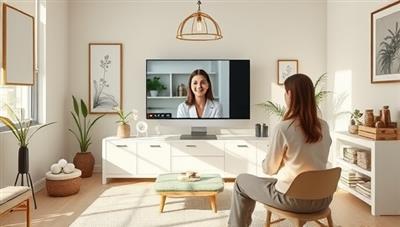 A serene virtual consultation room with a wellness expert engaging with a client through a video call, surrounded by calming decor and wellness resources, conveying a sense of tranquility and professional guidance.