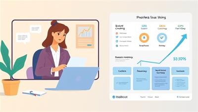 An illustrative representation of a virtual business coaching session with a coach providing advice, strategic insights, and goal-setting techniques to a client through an online platform, accompanied by a digital business growth roadmap and success metrics, conveying empowerment and progress with BizBoost.