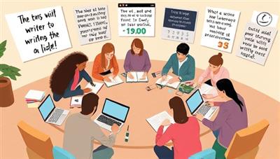 A digital illustration of a virtual writing circle gathering, with diverse writers sharing laptops and notebooks in a collaborative space, surrounded by motivational quotes, timers, and progress trackers, symbolizing unity, productivity, and mutual support in achieving writing goals within the WriteSync Circles community.