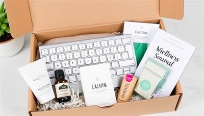 A beautifully designed subscription box filled with wellness goodies, including a stylish ergonomic keyboard, calming essential oils, healthy snacks, a mindfulness journal, and a virtual yoga class pass, creating a holistic and rejuvenating experience for remote workers through ZenDesk Kits.