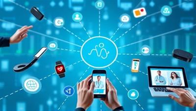 An interconnected network of wearable health devices transmitting data to a central healthcare platform, with virtual consultations and medical alerts displayed on digital screens, illustrating seamless remote healthcare monitoring and support.