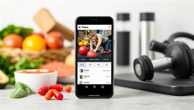 A smartphone displaying a fitness app with a personalized workout plan, surrounded by healthy food ingredients and gym equipment, illustrating a holistic approach to fitness and wellness.
