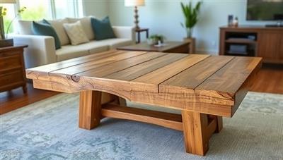 An artistically restored salvaged wood table showcased in a modern living room setting, featuring intricate detailing and a blend of natural wood textures, illustrating the beauty and craftsmanship of ReClaimed Revive's customized furniture pieces, emphasizing sustainability and creativity.