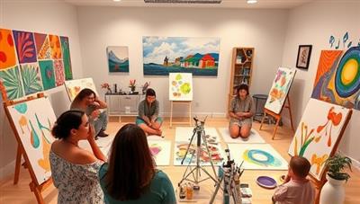 A virtual art studio setting with participants engaged in a calming art therapy session, surrounded by colorful artworks, paintbrushes, and soothing music, depicting a safe and nurturing environment for creative expression and healing.