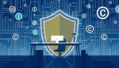 An abstract representation of digital blocks forming a shield around a writer's desk, symbolizing the protective barrier provided by blockchain technology for creative works, with copyright symbols and encryption codes floating in the background, signifying security and innovation in intellectual property protection.