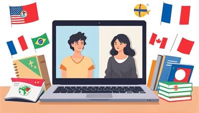 An illustration of a laptop screen displaying a virtual language exchange session between two individuals from different cultural backgrounds, surrounded by language textbooks, travel guides, and international flags, showcasing the diversity and interactivity of the platform.