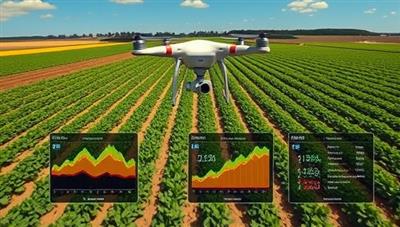 An aerial view captured by a drone, showcasing vibrant farmland with rows of crops, overlaid with data visualizations indicating crop health metrics and soil analysis results, illustrating the powerful insights provided by AgriSkyWatch's monitoring system.