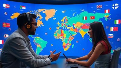 An immersive language learning scene with a user engaging in a virtual conversation with an AI tutor, a world map displaying language flags, and cultural symbols, creating a dynamic and interactive language learning environment.