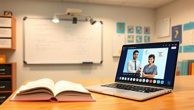 A virtual classroom setting with a digital whiteboard, textbooks, and a laptop displaying an interactive tutoring session between a student and a tutor, representing the educational support and personalized learning experience offered by the platform.