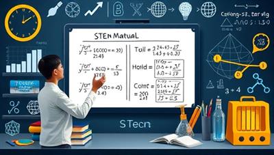 An educational and engaging visual featuring a virtual STEM tutor explaining a complex mathematical concept on a digital whiteboard, with equations and diagrams, surrounded by scientific symbols and tools, illustrating the platform's focus on academic support and STEM education.