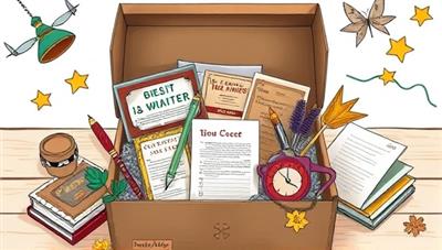 An artistic rendering of a thematic subscription box filled with writing essentials, thematic props, and creative prompts, arranged in a visually appealing and inspirational layout, capturing the essence of creativity and storytelling in a curated box for novel writers.