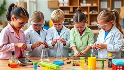 A group of children in a workshop setting, wearing lab coats and safety goggles, enthusiastically building and experimenting with eco-friendly STEM projects, surrounded by colorful science equipment and sustainable materials, portraying a dynamic and engaging learning environment.
