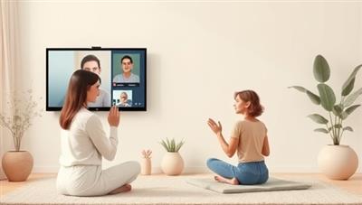 A calming virtual counseling session setup with a mental health coach offering support through a video call, a client engaging in mindfulness exercises, and a serene background with soothing colors and nature elements, creating a safe and welcoming space for mental health discussions and emotional well-being.