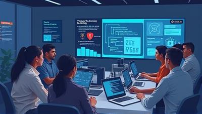 An illustration of a cybersecurity training session with diverse participants engaging in hands-on exercises to simulate cyber attack scenarios, highlighting the interactive and practical approach of the Cybersecurity Training Center.