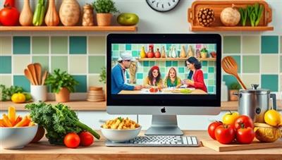 A vibrant and inviting kitchen setting with fresh ingredients, cooking utensils, and a computer displaying a virtual cooking class in progress, showcasing a fun and interactive learning environment.