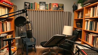 A professional recording studio setup with a microphone, soundproof booth, script stand, and audio mixing equipment, surrounded by shelves of books and literary paraphernalia, creating a cozy and creative atmosphere for podcast production tailored to indie authors.