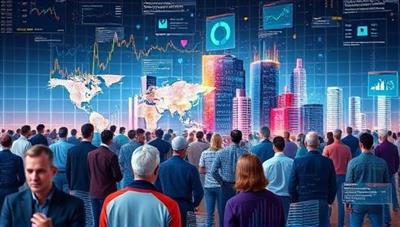 An artistic representation of a diverse group of contributors collaborating on financial data analysis, with virtual data streams and interactive charts merging into a unified financial landscape, symbolizing the collective intelligence and collaborative nature of the DataFinCrowd platform in generating actionable financial insights.