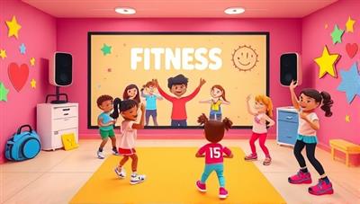 A colorful and vibrant virtual fitness class setting with animated characters leading a group of enthusiastic children through exercises on a screen, surrounded by interactive elements like stars, hearts, and fitness gear, conveying a fun and lively atmosphere.