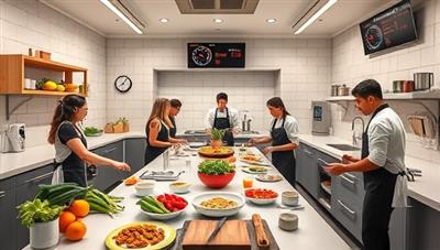 An engaging virtual kitchen environment with a variety of cooking stations, fresh ingredients, and digital timers, showcasing a team of participants collaborating on a challenge dish under the guidance of a virtual chef mentor, fostering creativity and culinary exploration in a virtual setting.