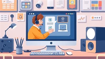 An engaging digital illustration of a virtual tech support session, showing a tech expert assisting a client with device setup on a computer screen, with tech gadgets and tools in the background, symbolizing efficiency and expertise in tech assistance.