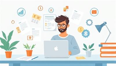 An illustration of a freelancer at a desk with a laptop, surrounded by financial documents and icons representing various finance management tools, conveying the idea of streamlined and efficient finance management for freelancers, emphasizing empowerment and control over finances.