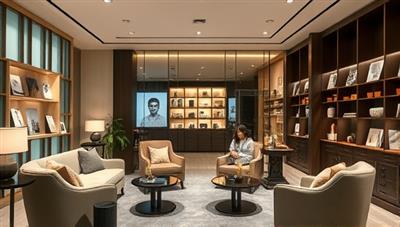 A sophisticated boutique interior with plush seating areas, elegant retirement planning displays, and advisors consulting with clients in a relaxed and comfortable setting, exuding a sense of financial security and tranquility for the future.