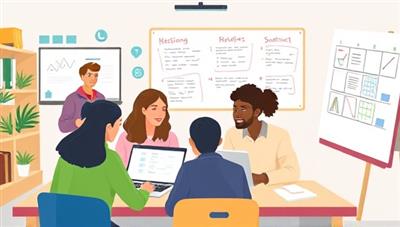 A digital illustration of a virtual study session with a diverse group of college students and tutors collaborating on academic subjects using laptops and digital whiteboards, depicting a supportive and interactive learning environment.