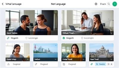 An interactive language learning interface displaying virtual language exchange sessions between users from different countries, with language exercises, cultural insights, and virtual travel experiences, highlighting the global connectivity and educational value of LinguaLink Exchange.