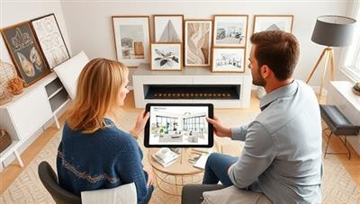 A modern digital rendering of a virtual interior design consultation session, with an interior designer showcasing design concepts on a tablet screen to a homeowner, surrounded by mood boards, fabric swatches, and furniture samples, creating a collaborative and visually appealing design process.