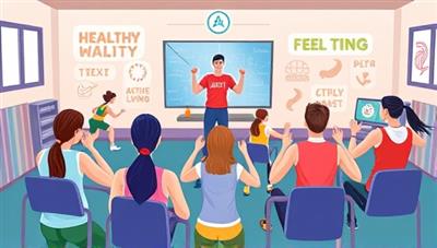 A vibrant digital illustration of students participating in a virtual fitness class led by a coach on the FitEdu Coach platform, showcasing diverse workout routines, fitness trackers, and motivational messages promoting healthy habits and active living, capturing the essence of student wellness and fitness education.