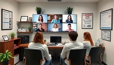 A virtual office space with career counselors interacting with clients via video calls, a wall of career resources and job listings, and motivational posters, creating a professional and supportive environment for career counseling and coaching.